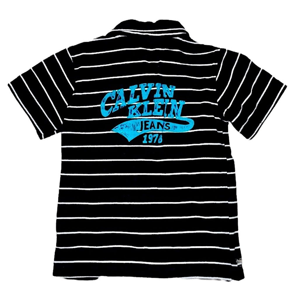 Boys Calvin Klein TEAL BLUE logo Shirt size 5 Black/White Polo stripe Top - Picture 6 of 9